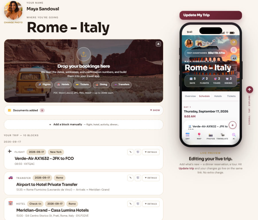 The Solo builder: a Rome trip with flights, hotels and transfers listed as blocks, next to a live preview of the finished phone app.