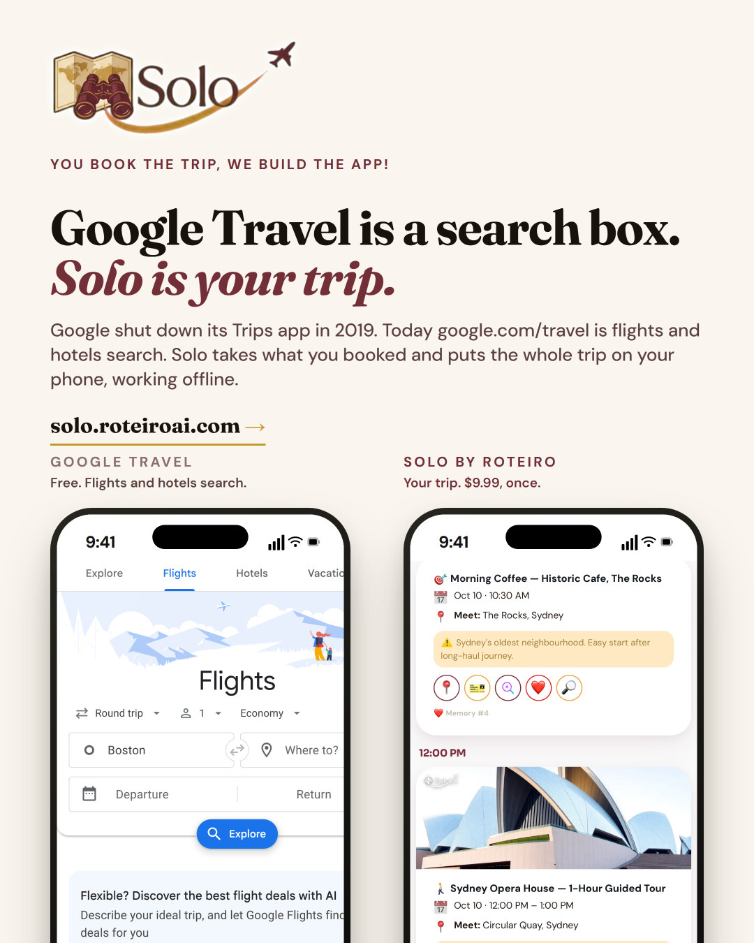 Google Travel flights search next to a Solo trip app for Sydney