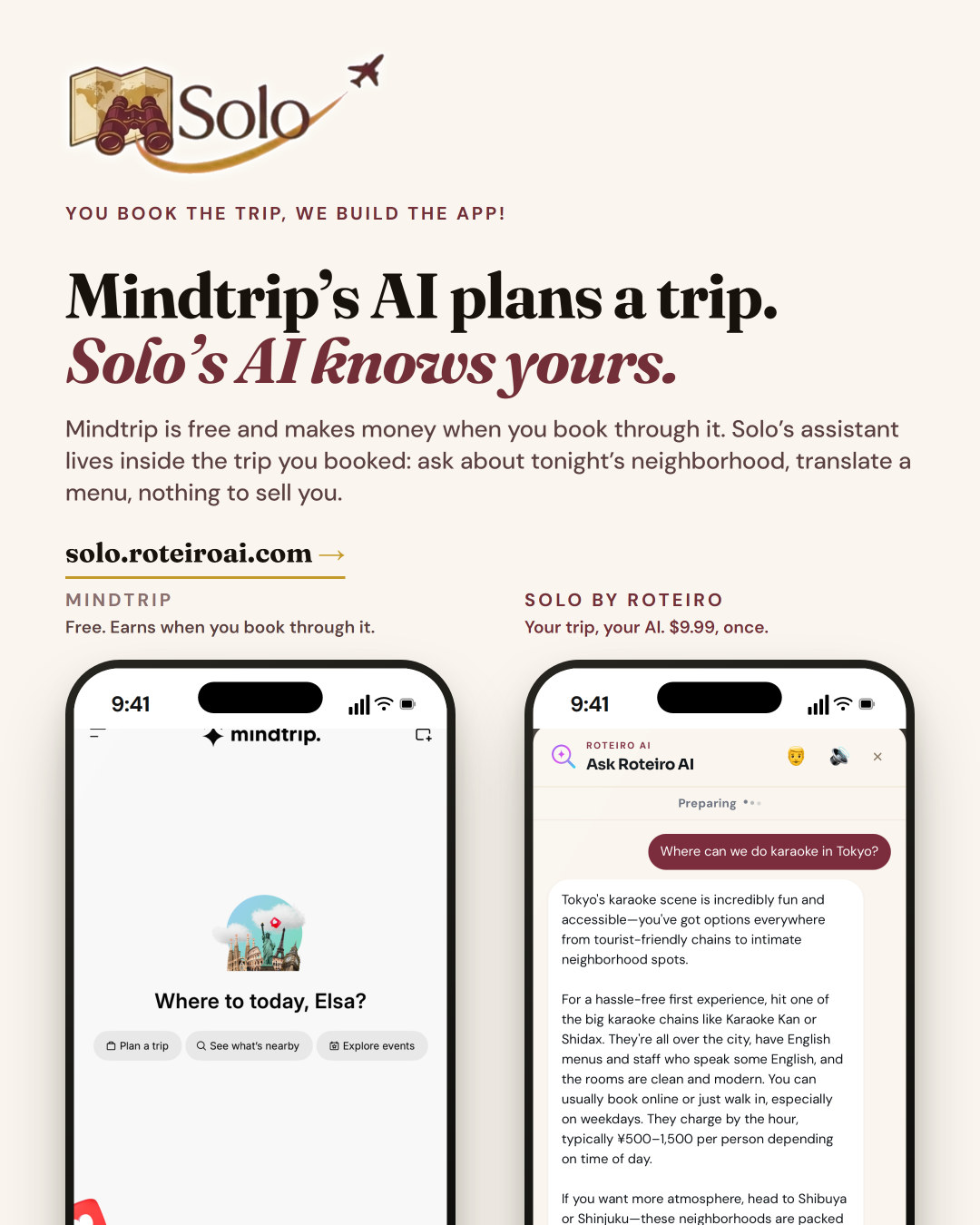 Mindtrip AI home screen next to the Solo AI assistant inside a Tokyo trip