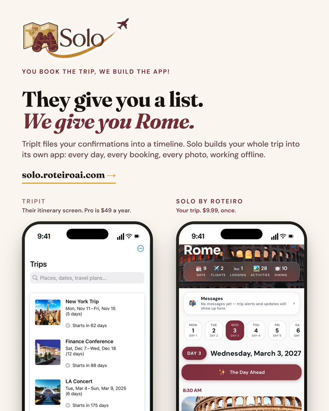 TripIt trip list next to a Solo trip app for Rome