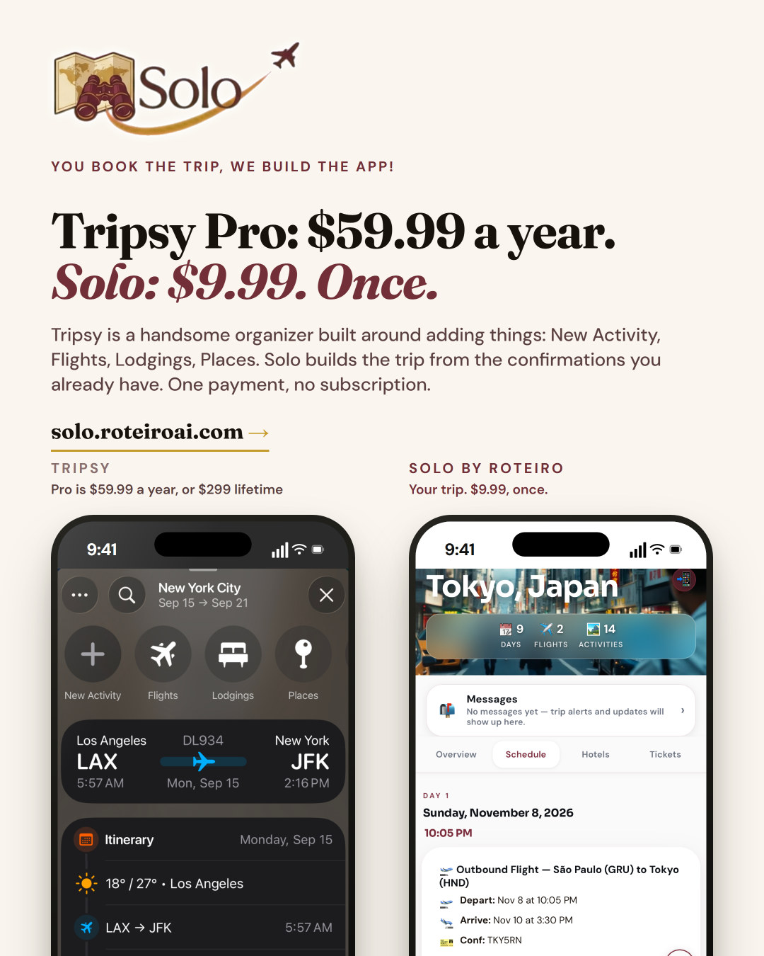 Tripsy trip organizer next to a Solo trip app for Tokyo