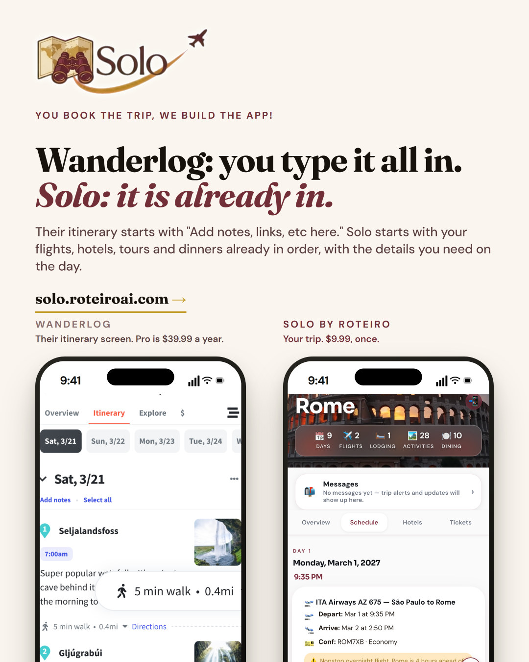 Wanderlog itinerary next to a Solo trip app for Rome